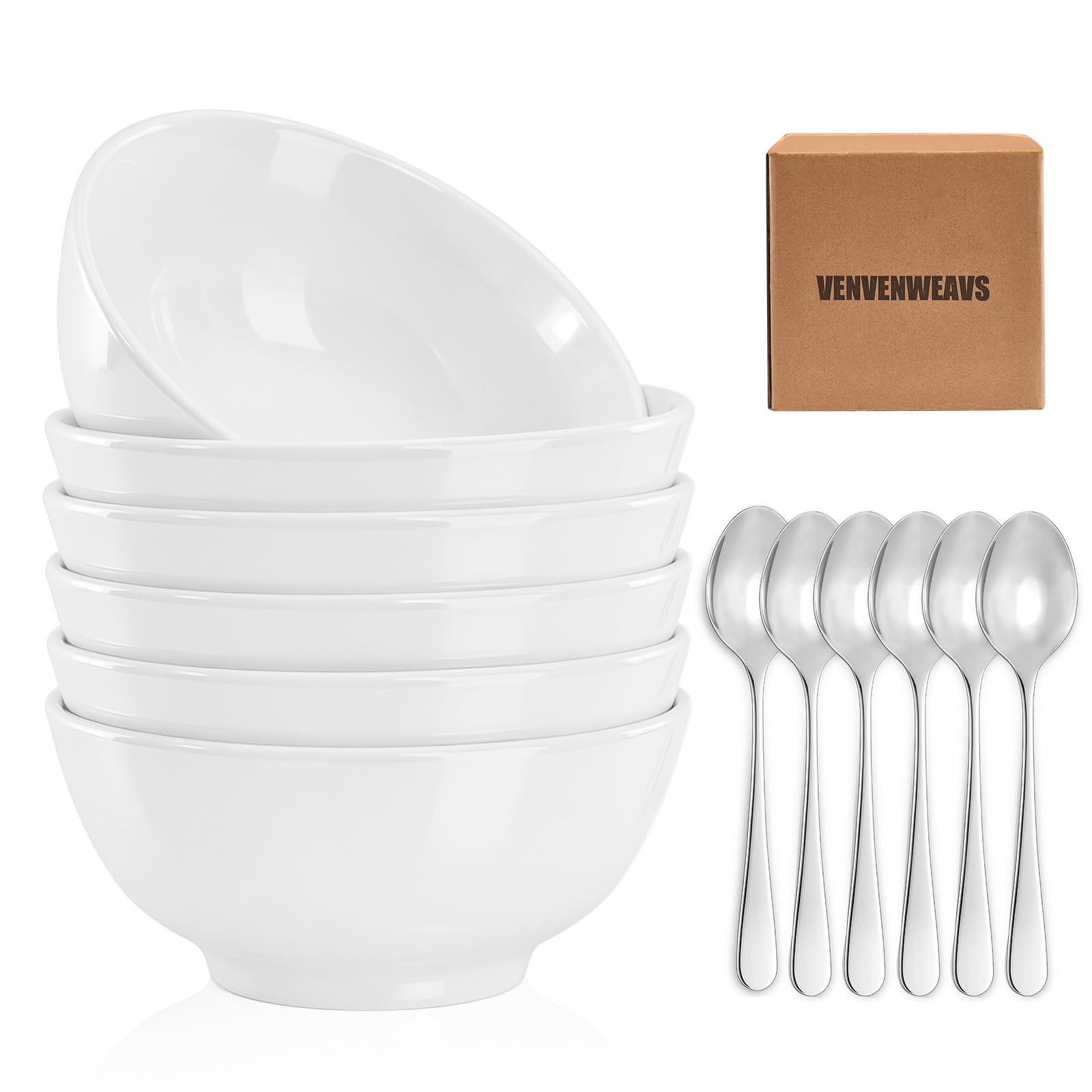 VENVENWEAVS 30 OZ White Thickened Ceramic Bowls Set of 6 Complimentary 6 Spoo gallery