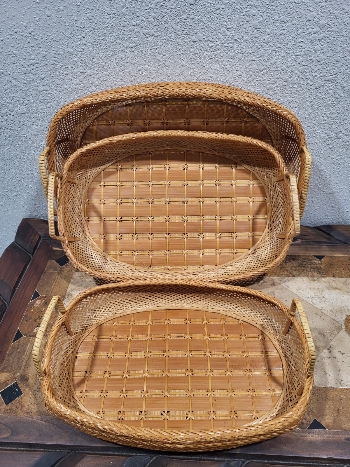 Hand Woven Bamboo & Rattan Nesting Retangle Serving Trays W/ Handles Set of 3 gallery