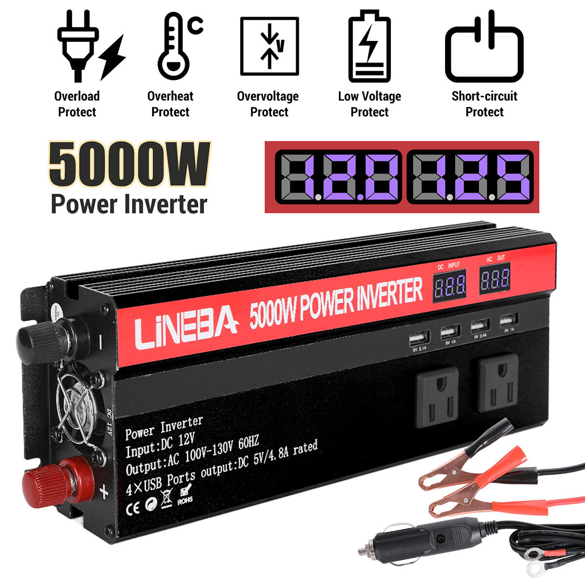 Convertidor De Corriente 5000W Para Autos Carros DC 12V a 110V AC Inversor y USB gallery