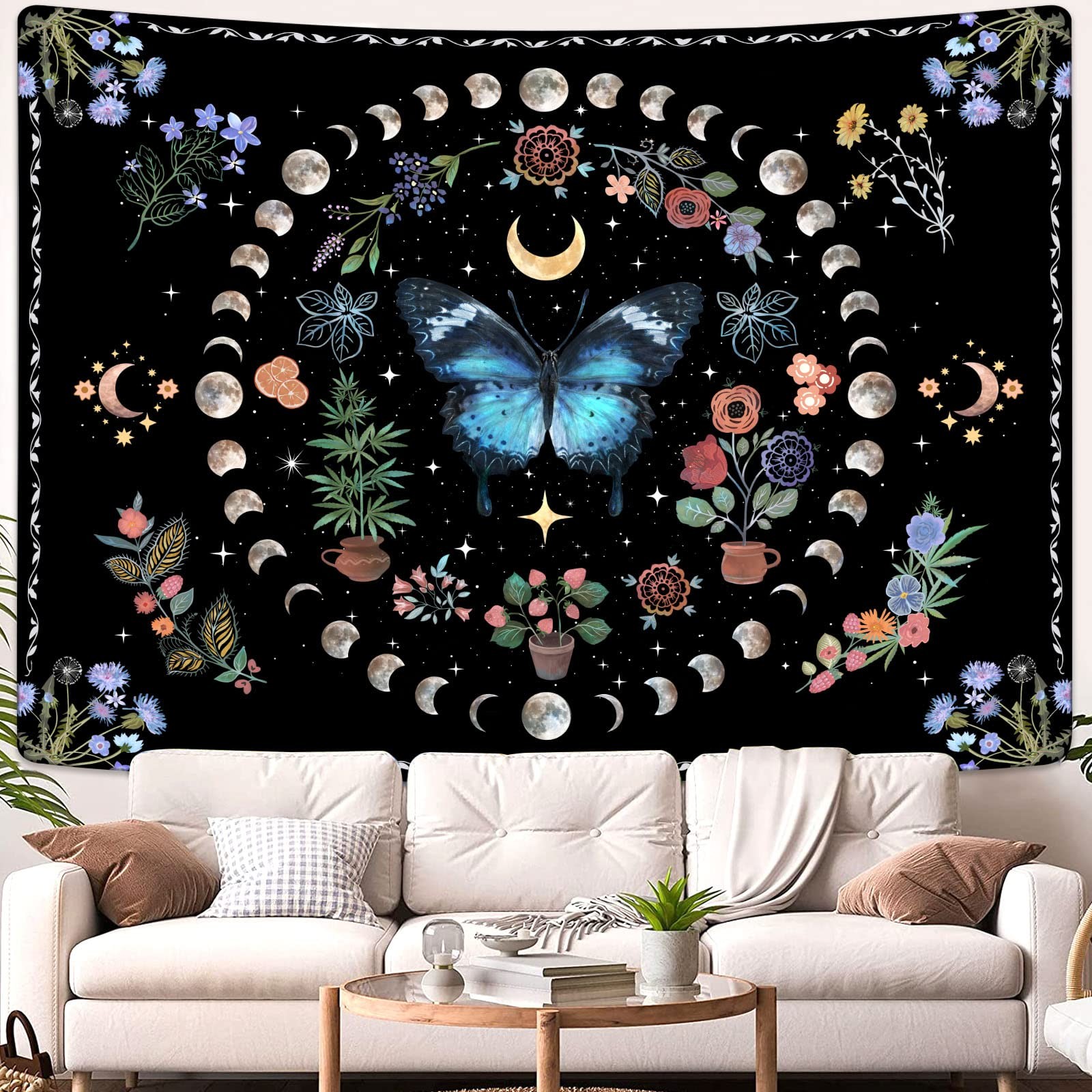 Fowocu Blue Butterfly Moon Flower Tapestry Boho Floral 48"L x 36"W, gallery