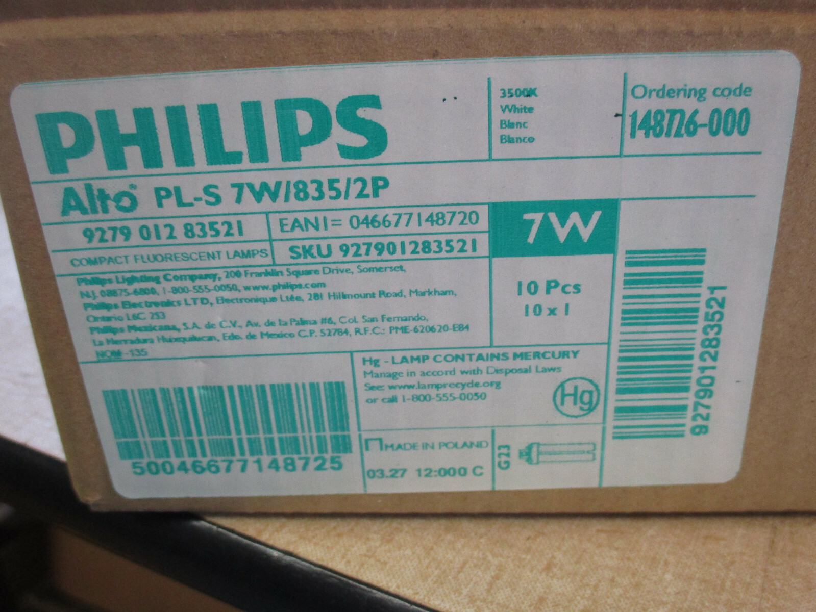 CASE OF 10 PHILIPS 7W COMPACT FLUORESCENT BULBS PL-S 835/2P G23 PLS 7W 835 2P gallery