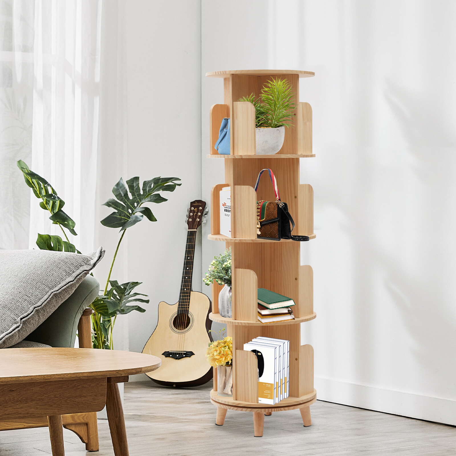 4-Tiers Rotating Bookshelf Bookcase Storage Rack Bookshelf Floor Standing gallery