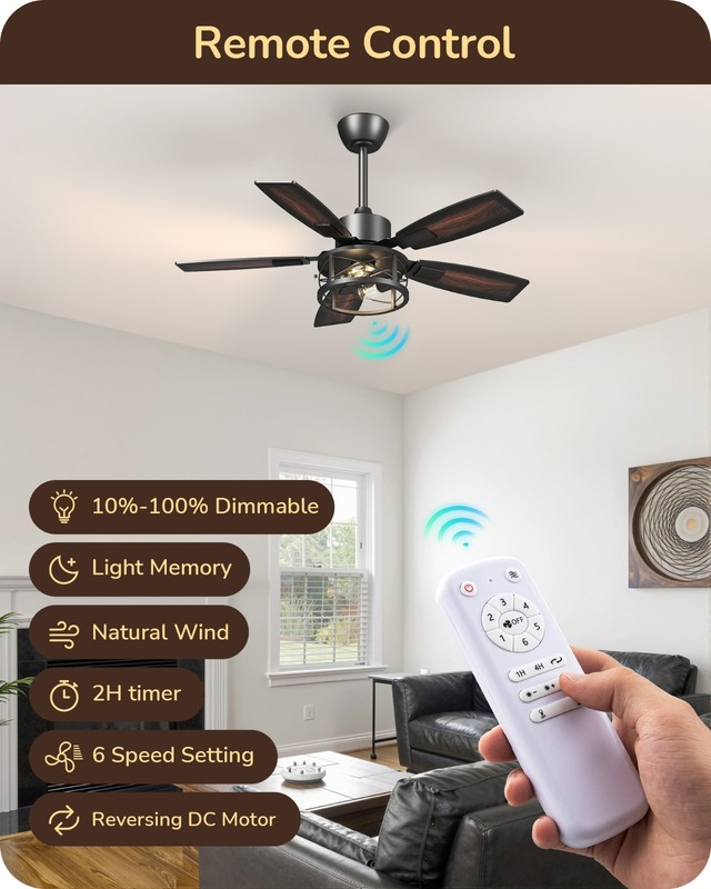 42" Reversible DC Ceiling Fan Light Dimmable Remote 6-Speed Wood Caged Quiet gallery