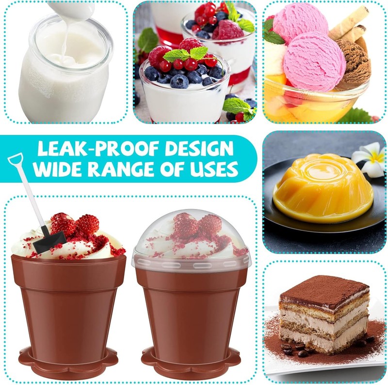 100 Pack Flowerpot Dessert Cup Plastic Cake Cups W/ Lid Shovel Spoon Bottom Tray gallery