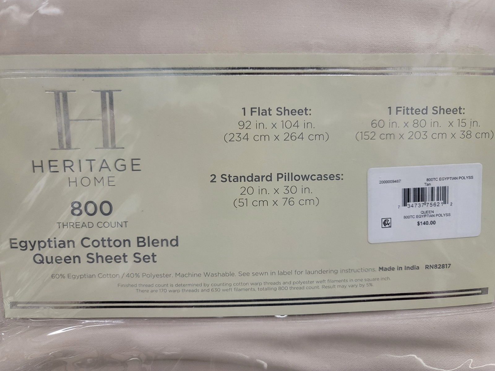 Heritage Home 800 Thread Count Cotton Blend & Polyester QUEEN Sheet Set Taupe gallery