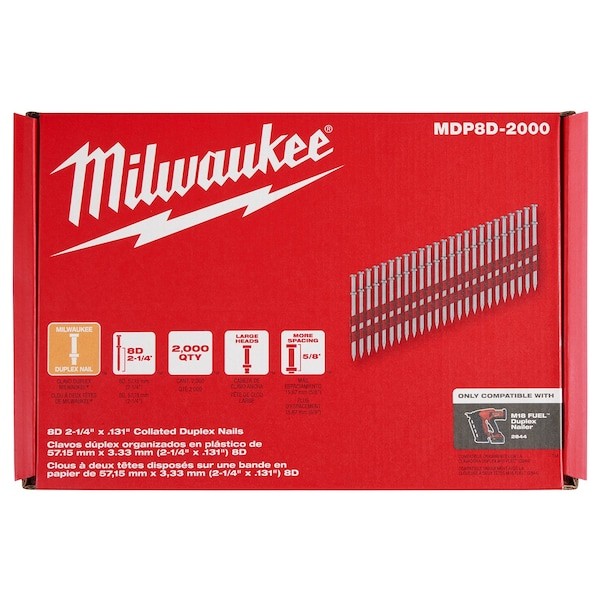 Milwaukee Tool Mdp8d-2000 Duplex Nails, 2 7/8 In L, 10 Ga, Plain, Flat Head, 21 gallery