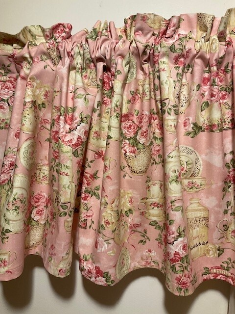 Handmade Light Pink Flowers and Teacup Shabby Chic Valance, 41 X 15 INCHES gallery