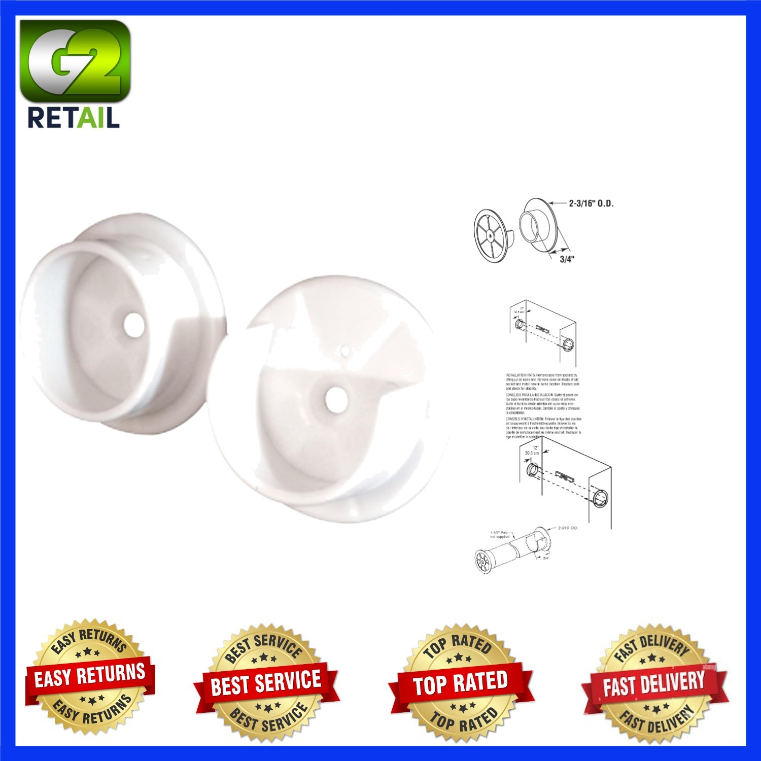 1-3/8 Inch White Plastic Closet Pole Socket Set - Secure and Stylish Support gallery