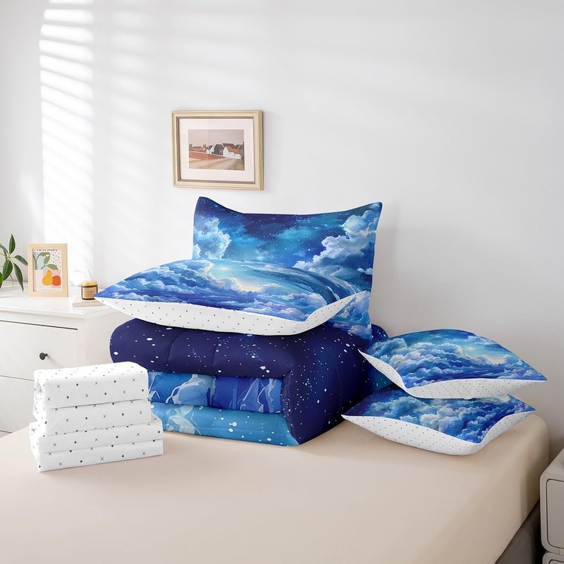 Blue Night Sky Comforter Set with Sheets Clouds Stars Moon Printed 7 Piece Be... gallery