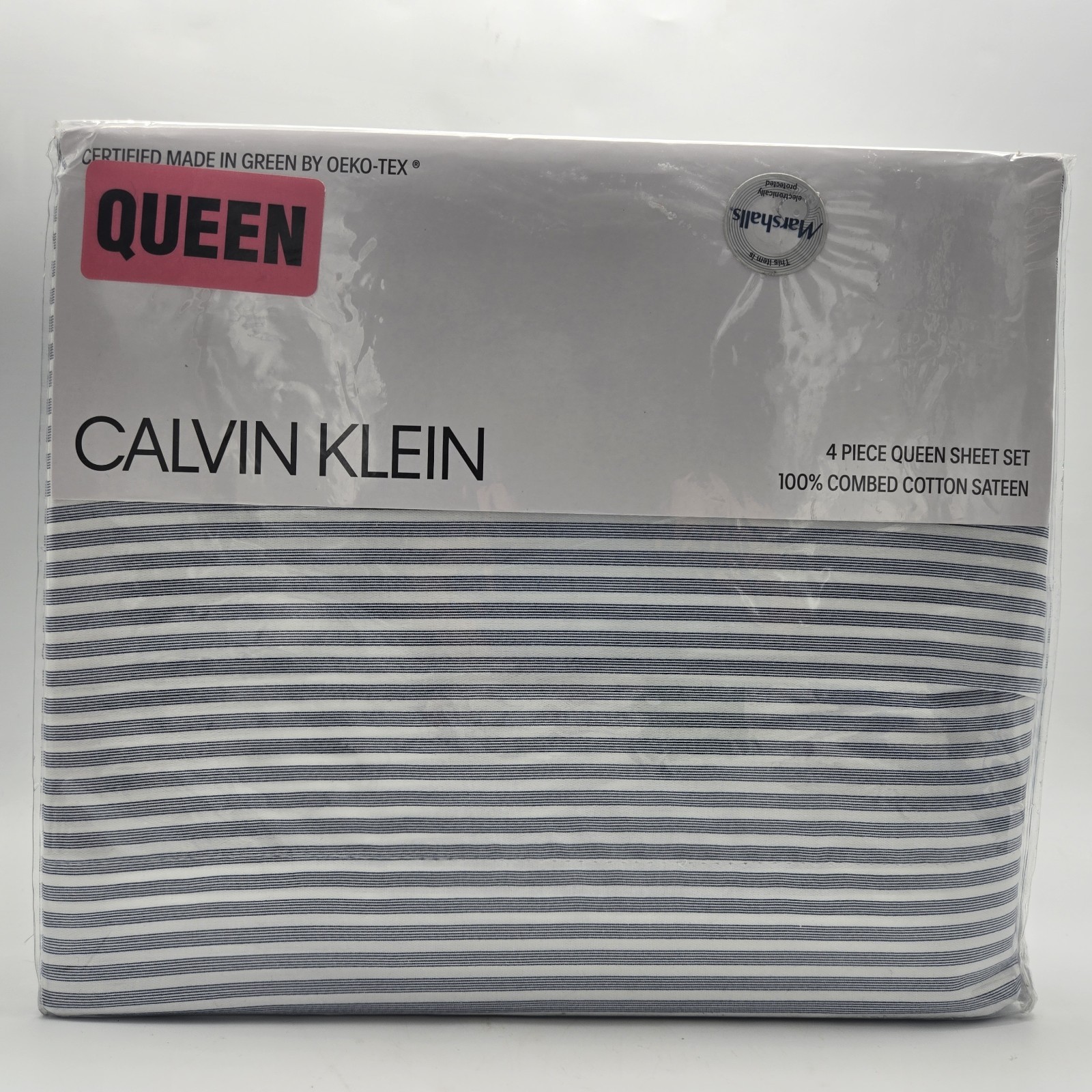 Calvin Klein Queen Sheet Striped 100% Cotton Combed Sateen White Blue 4Pc Set gallery