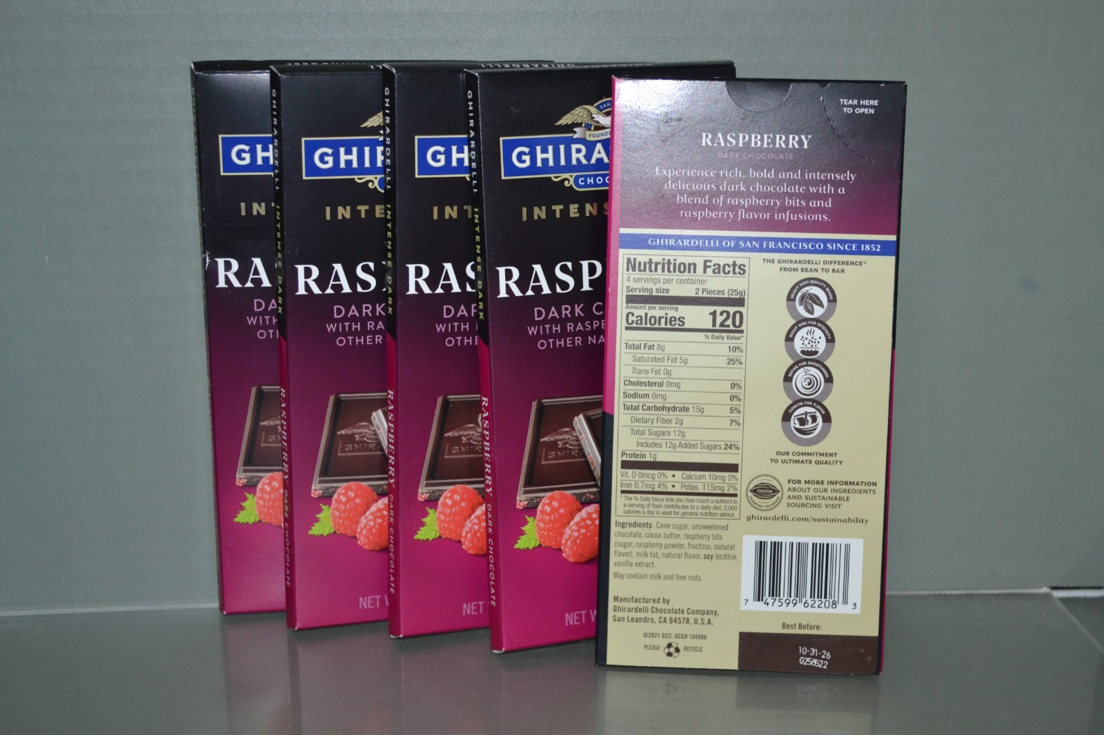 (5) Ghirardelli Intense Dark Chocolate With Raspberry Bits 3.5 oz Each Bar 10/26 gallery