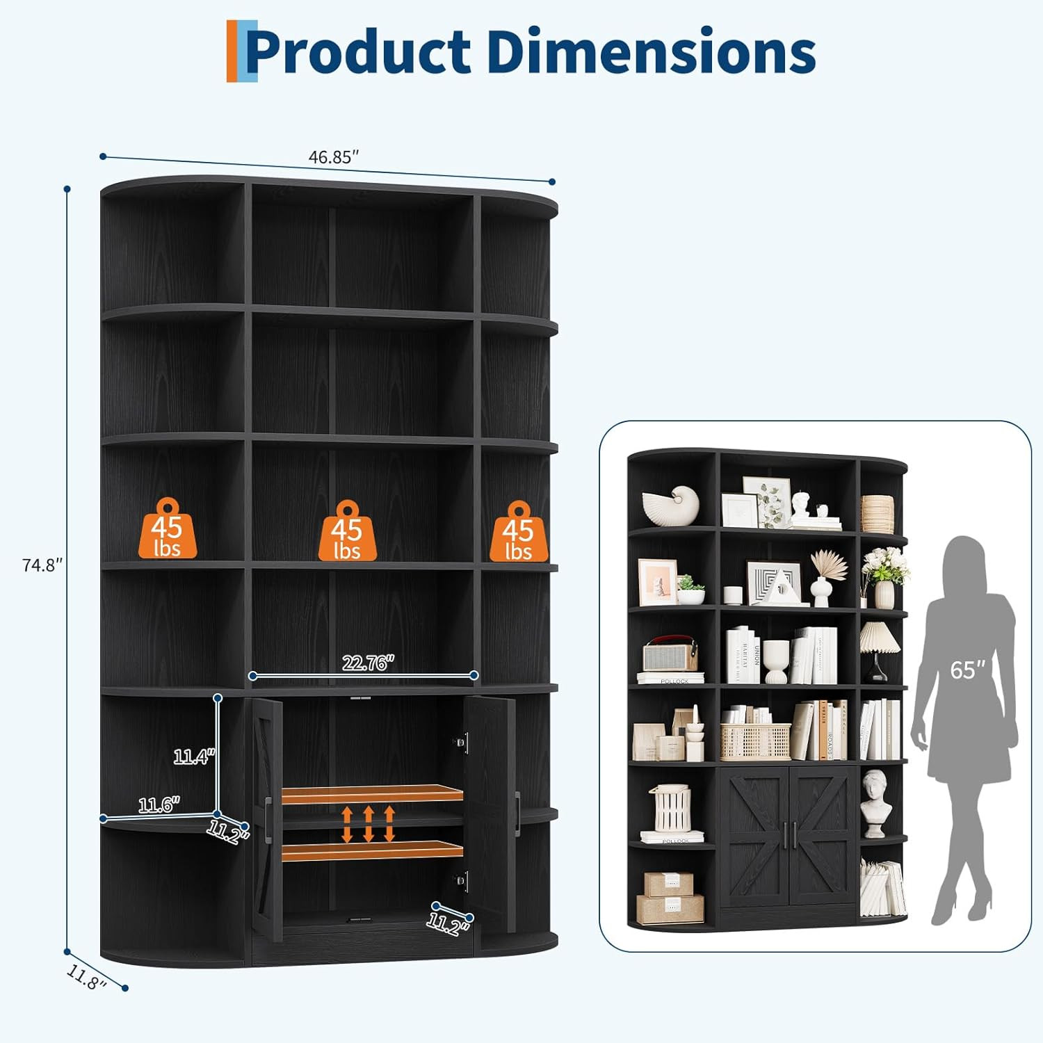 75in Tall Bookshelf with Storage 6-Tier 47" Wide Modern Farmhouse Black gallery