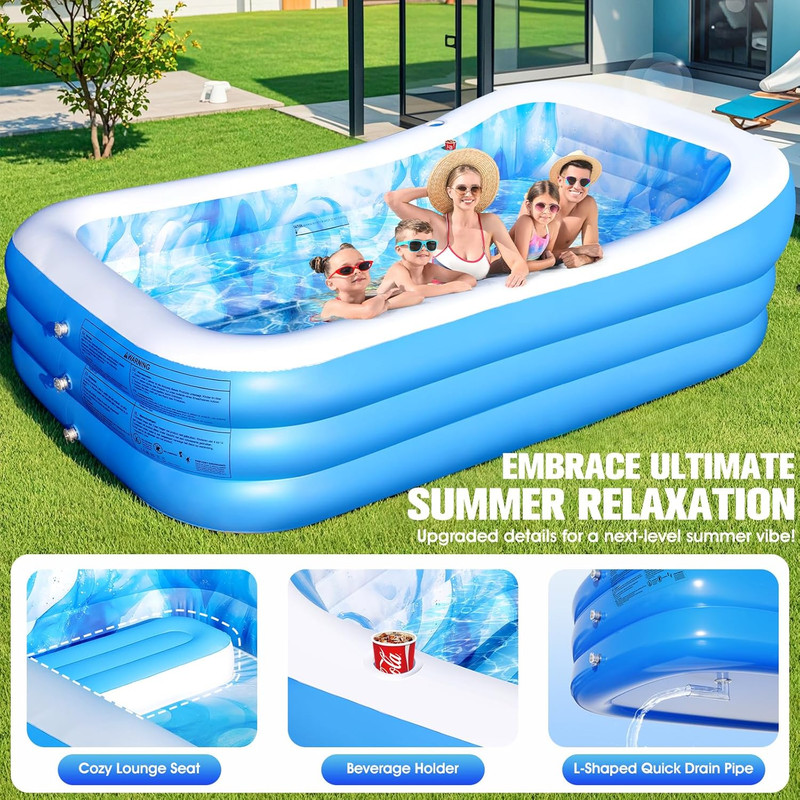 Inflatable Pool with Seats and Headrest,Oversized Thickened Large Blow Up Pool f gallery