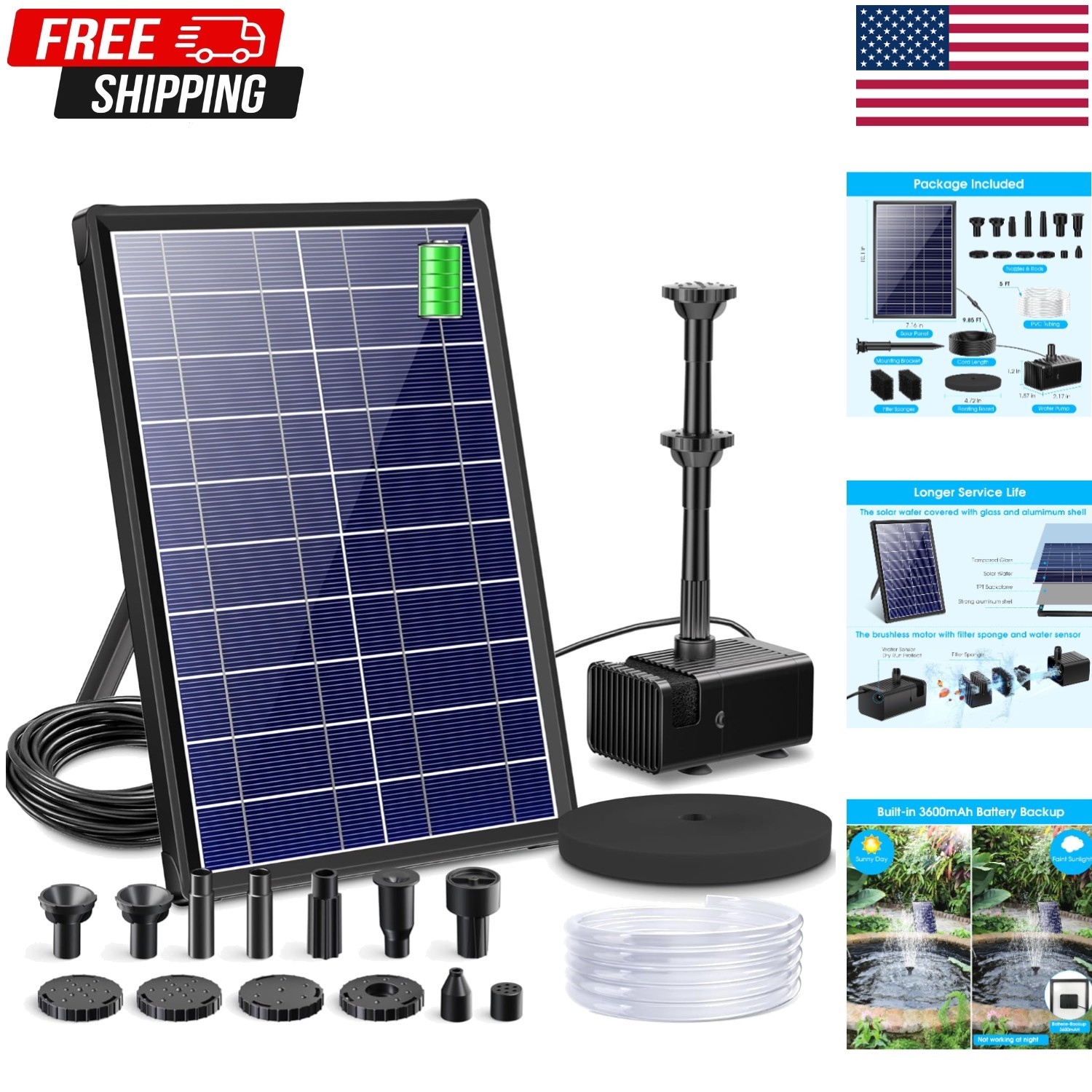 Solar Fountain Pump with Pond Filter Kit Built-in 3600mAh Battery Backup, 8W ... gallery
