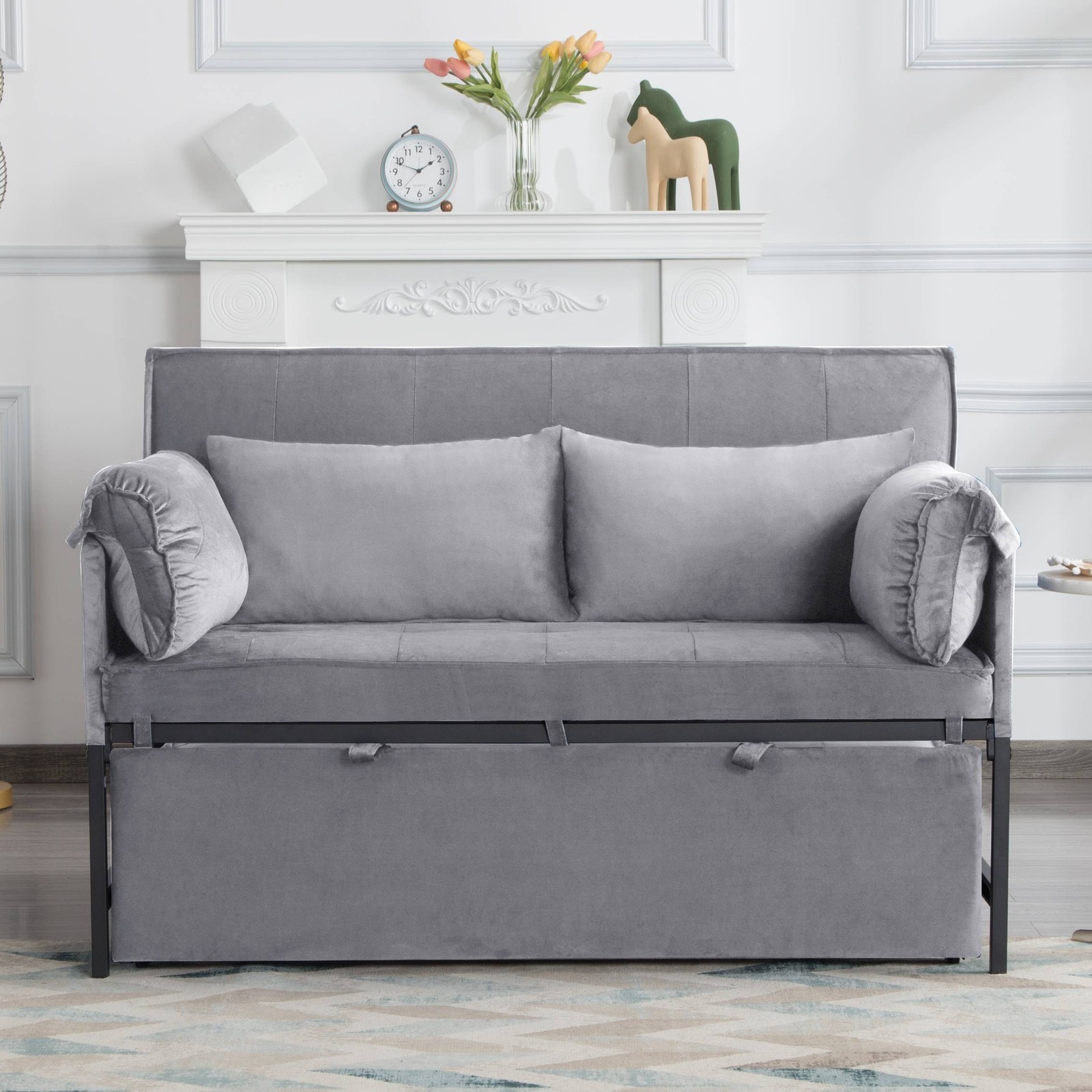 46in Grey Velvet Pull-out Sleeper Sofa Bed Loveseat 5-Position Recline 2 Pillows gallery