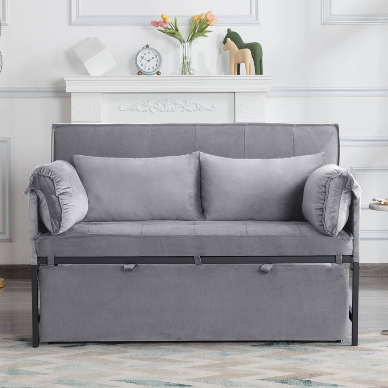 46in Grey Velvet Pull-out Sleeper Sofa Bed Loveseat 5-Position Recline 2 Pillows gallery