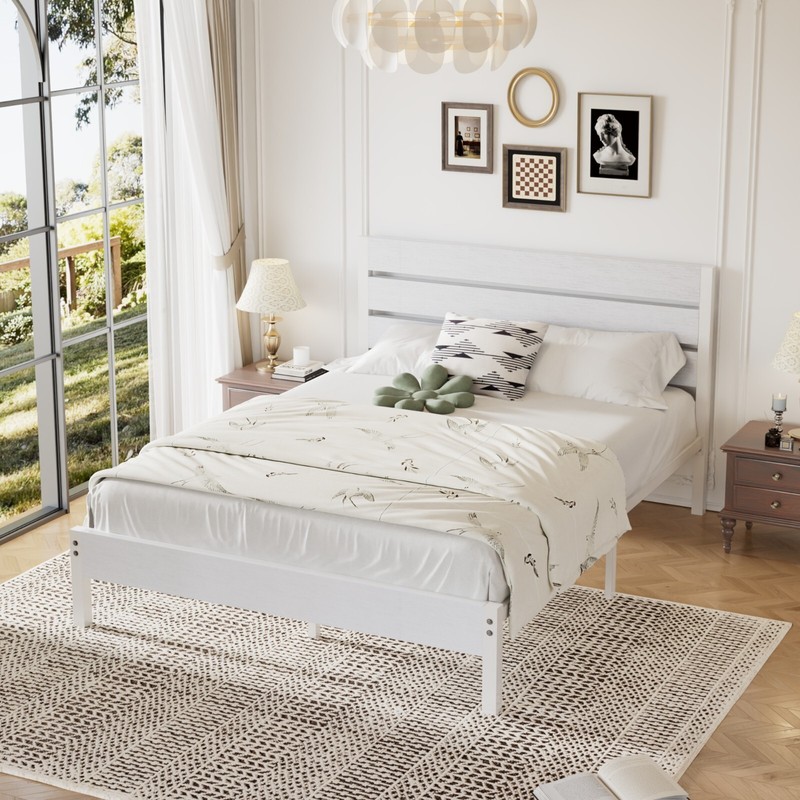 Vecelo Twin Full Queen Size Bed Frame with Wooden Headboard Metal Platform White gallery