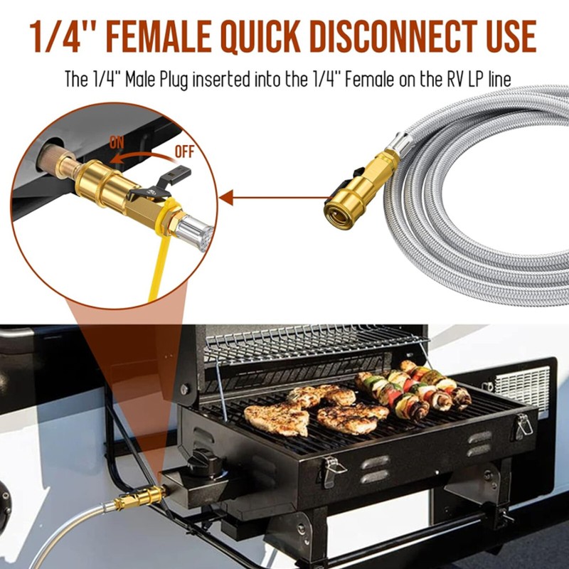 7FT RV Quick Connect Propane Hose +1/4" Safety Shutoff Valve+Male Full Flow Plug gallery