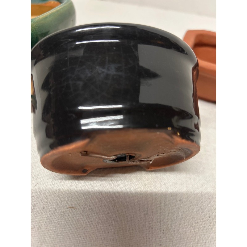 Small Bonsai Mame Pot Set 3pc Glazed Green Black Terracotta Rectangular Square gallery