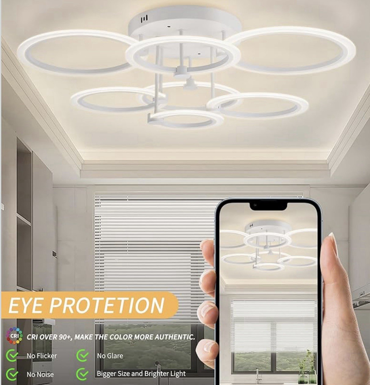 SEABLE Modern LED Ceiling Light 7 Rings Dimmable Fixture Remote 31.8” 130W Art gallery