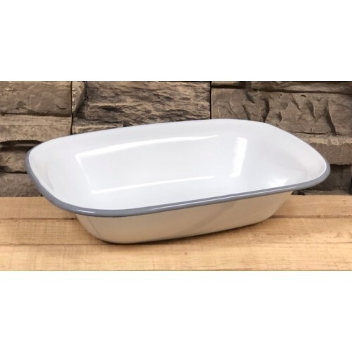 NEW Farmhouse Enamelware BAKING DISH White Gray Retro Vintage Style Enamel 10" W gallery