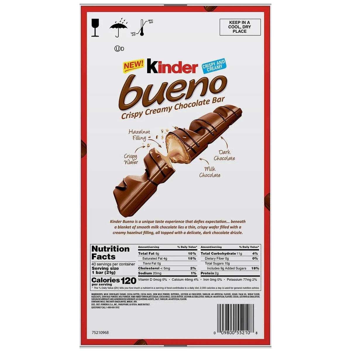 New Kinder Bueno Crispy Creamy Chocolate Bar, 1.5 oz, 20 Count gallery