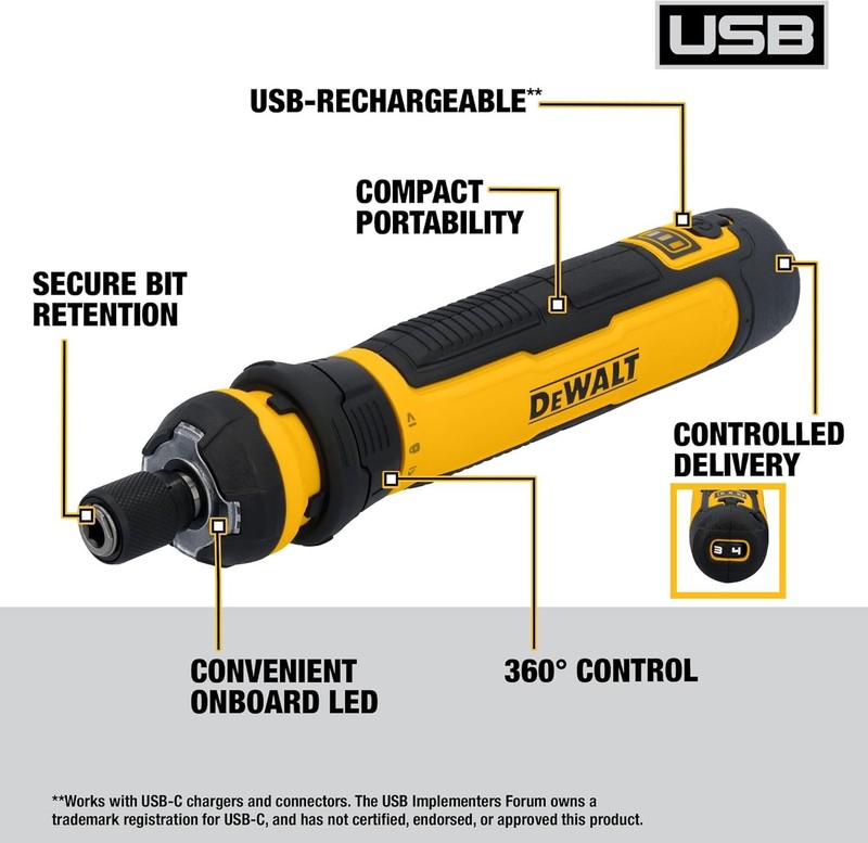 DEWALT 4V Cordless Screwdriver USB Rechargeable, 12pc Bits, FLEXDRIVE gallery