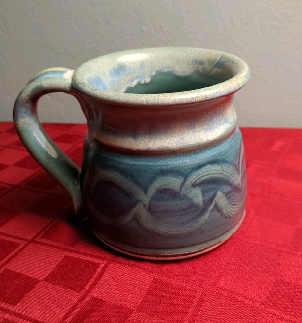 Studio Pottery Coffee Mug Cup Blue Green Wave Design Signed Beach Salt Life gallery