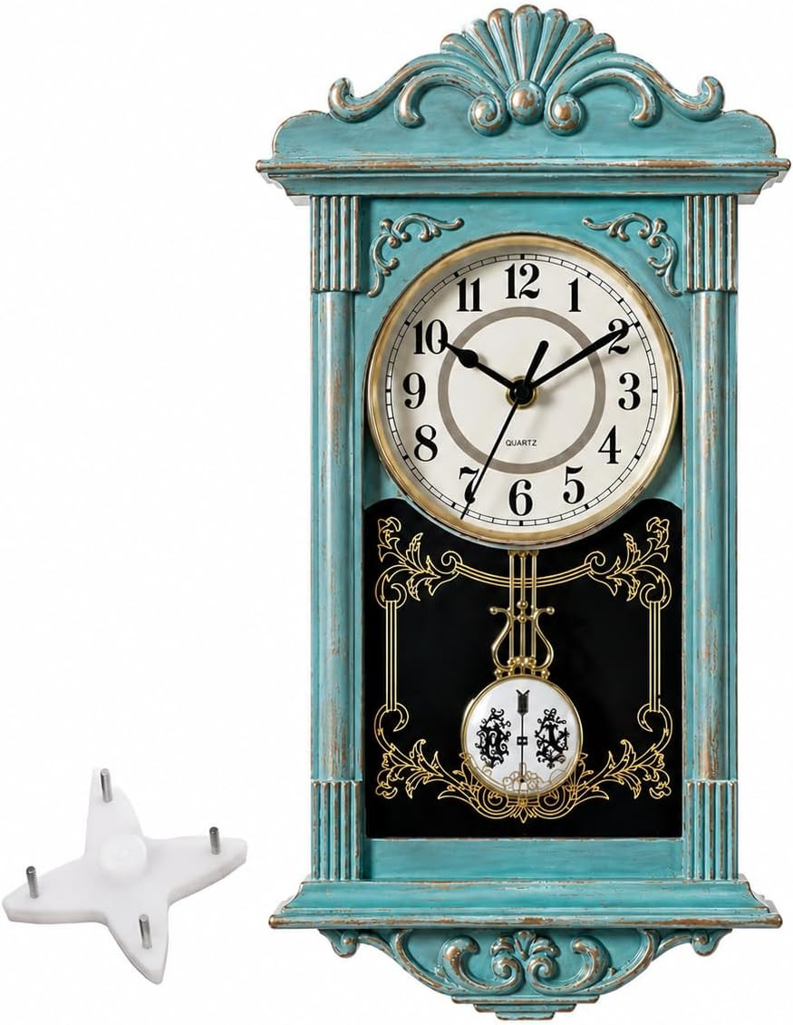 Vintage Grandfather-Style Wall Clock with Wood-Effect Plastic Pendulum, Battery- gallery