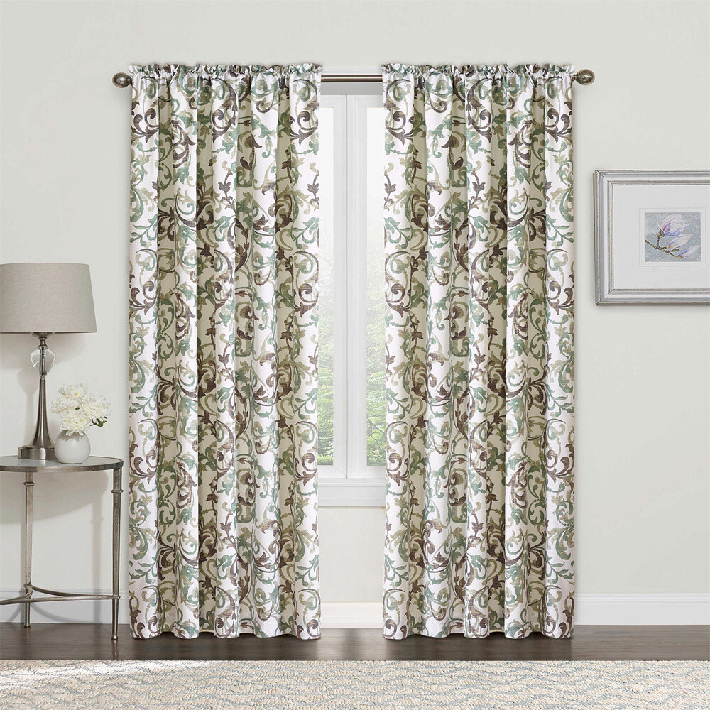 2 Piece Printed Ravello Scroll Curtain Set, Brown Aqua, Each Panel 60" x 96" gallery