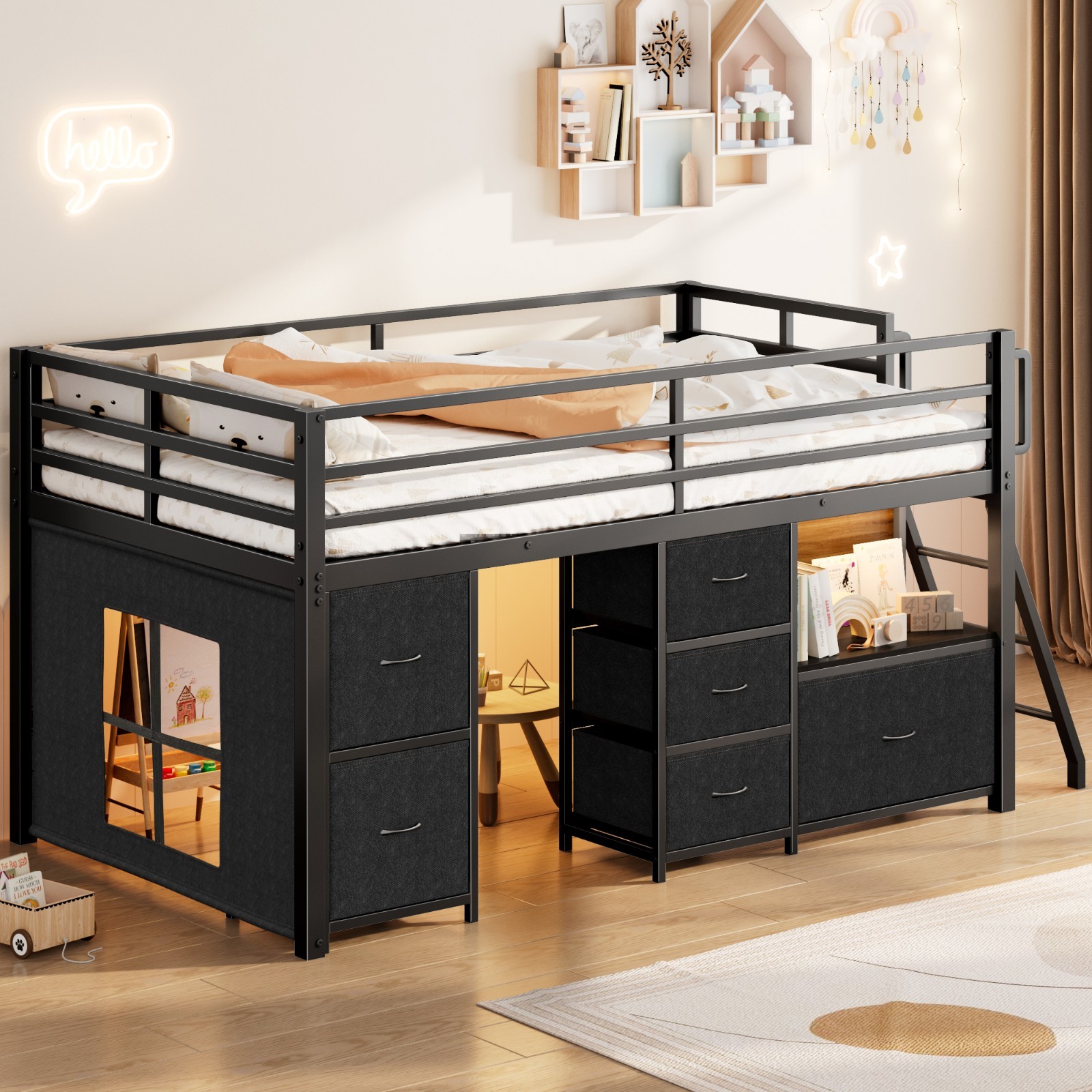 Full Size Low Loft Bed with 6 Storage Drawers, Bookcase, LED Lights Play Curtain gallery