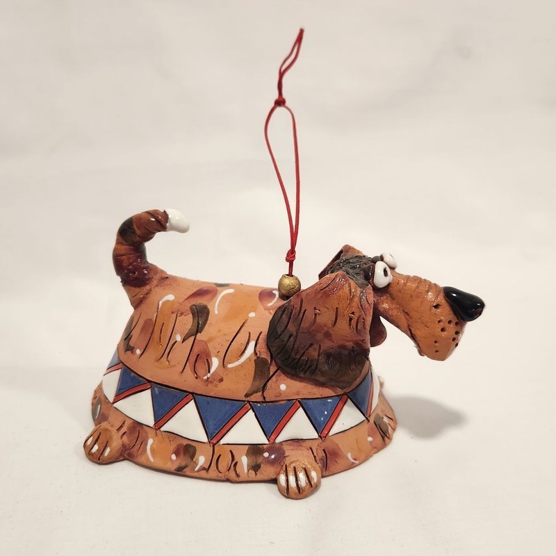 Handmade Studio Pottery Dachshund Dog Bell Ornament Whimsical Folk Art Brown gallery