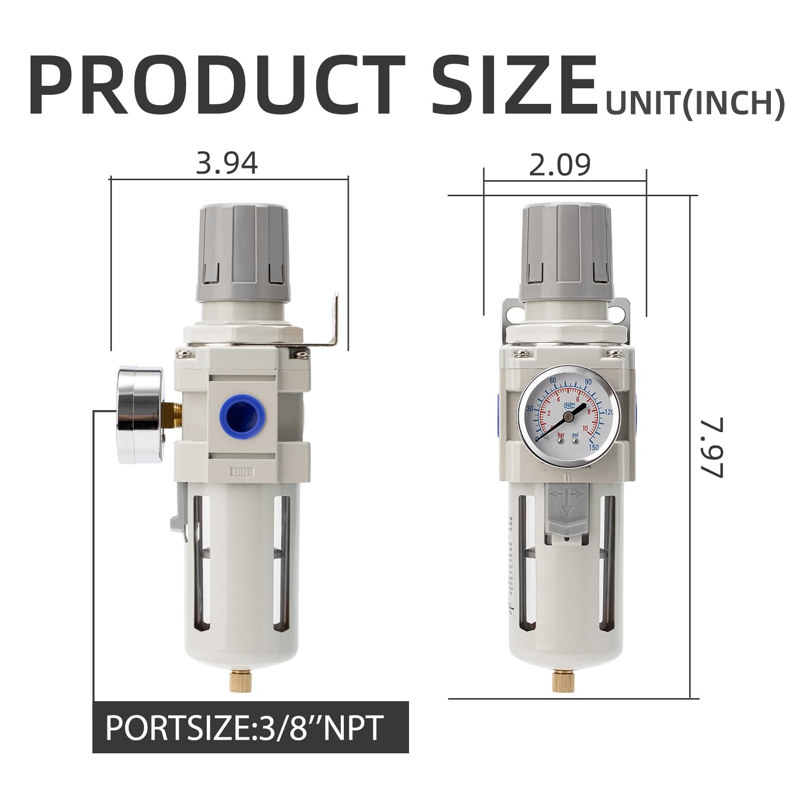 0-150 PSI Air Compressor Filter Regulator with 5 Micron Separator & Drain Combo gallery
