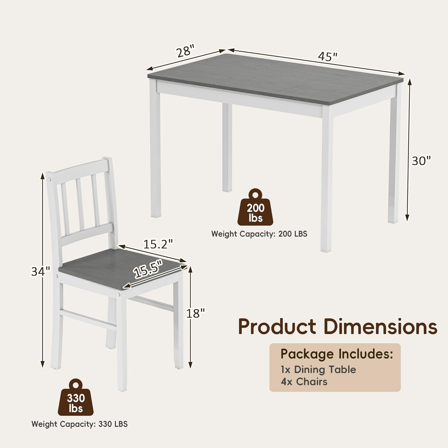 5-Piece Dining Table Set for 4, Solid Wood Farmhouse Rectangular Kitchen Table gallery