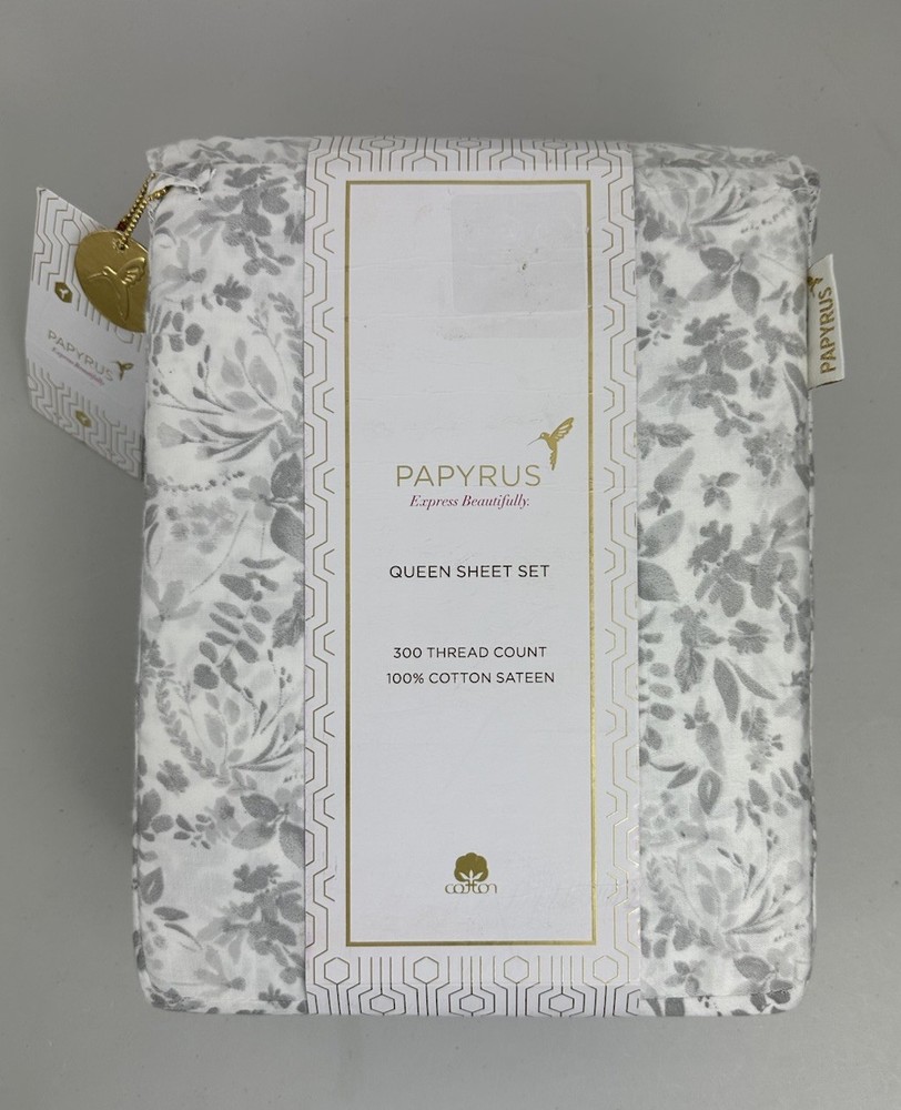 Papyrus Queen Sheet Set Floral Spray Gray 100% Cotton Sateen 300 Thread Count