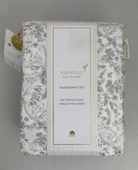 Papyrus Queen Sheet Set Floral Spray Gray 100% Cotton Sateen 300 Thread Count