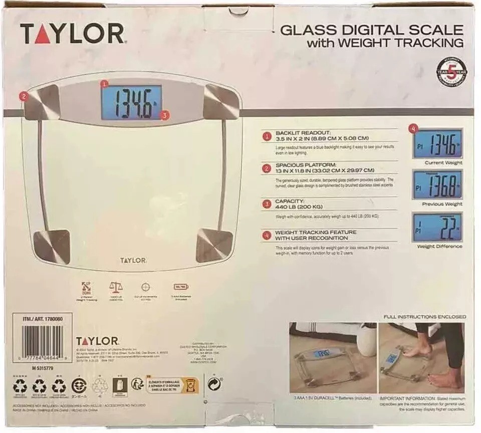 Taylor Glass Digital Scale with Weight Tracking 440 Lb Capacity 2 Opened Box gallery