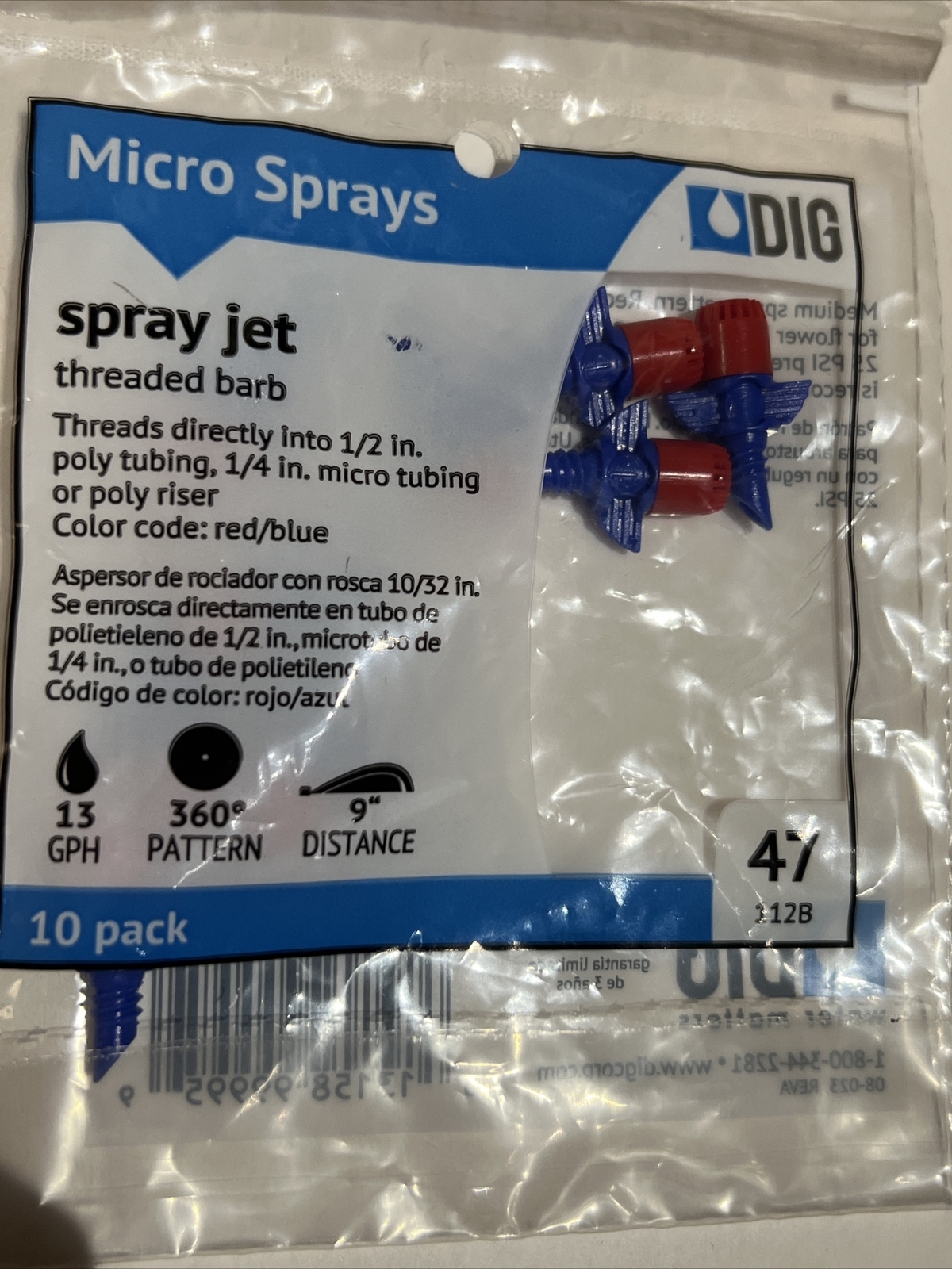 (110) DIG Micro Spray Jet threaded barb 360° 13 GPH ￼Red & Blue #47 110 Pieces￼ gallery