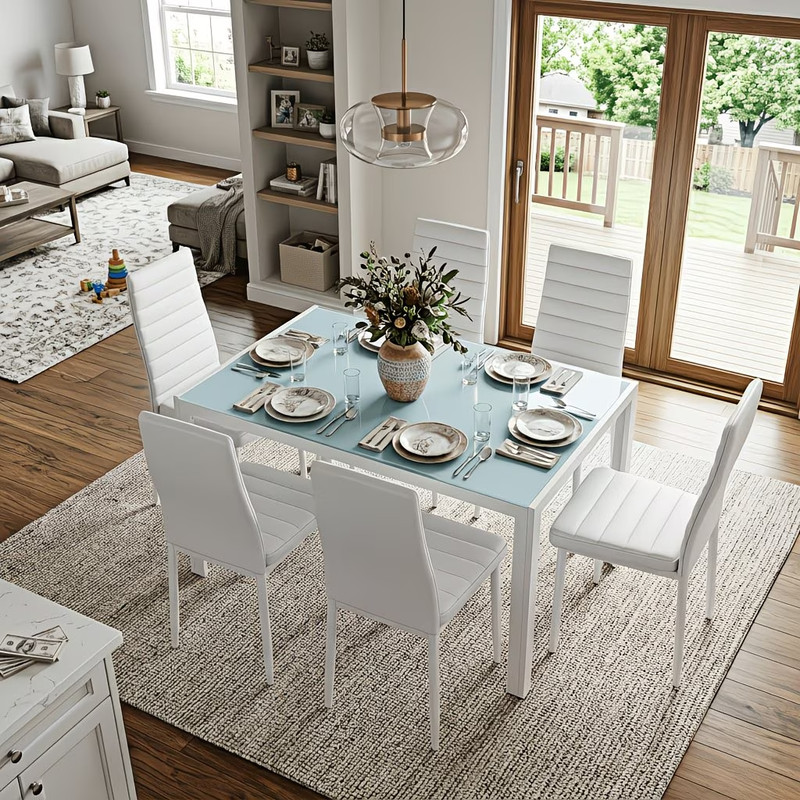 Modern 7pcs Glass Dining Table Set gallery