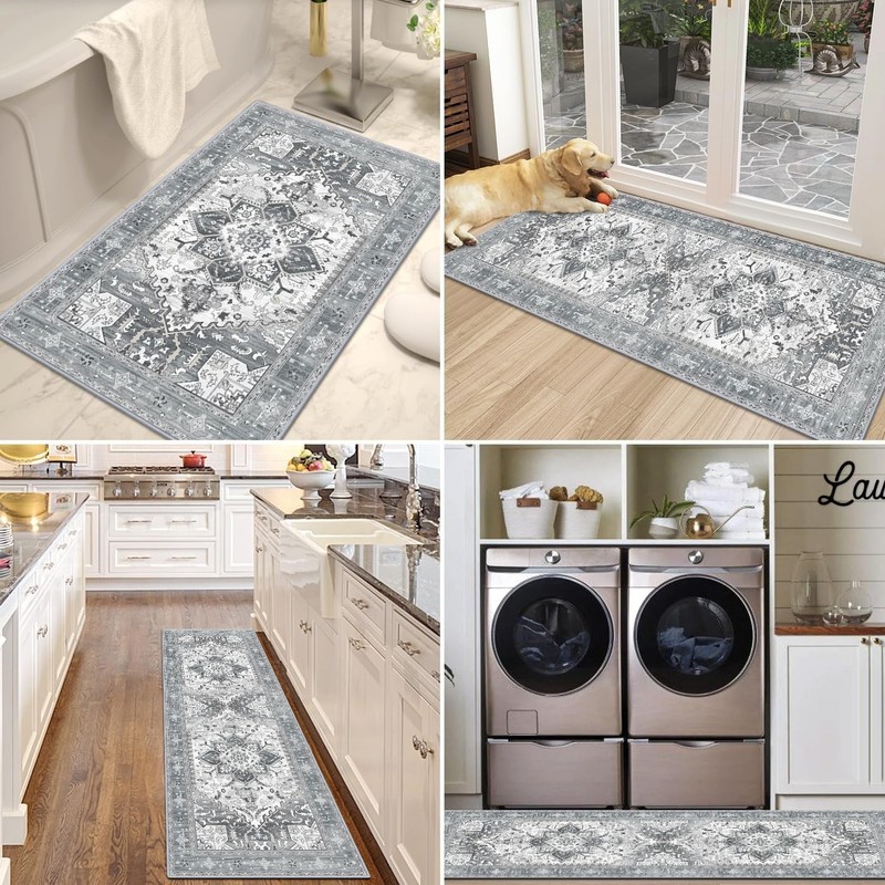 Yamaziot Boho Washable Kitchen Rugs Sets of 3, 20"x32"+20"x47"+20"x59", Grey gallery