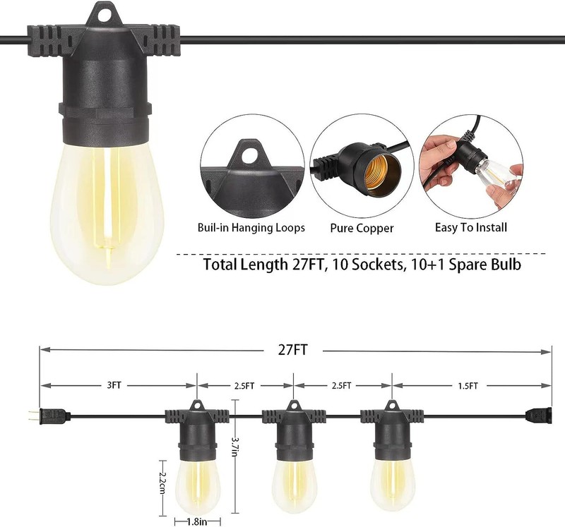 27ft Shatterproof LED String Lights IP65 Outdoor 10 Bulbs E26 Warm White for Gar gallery