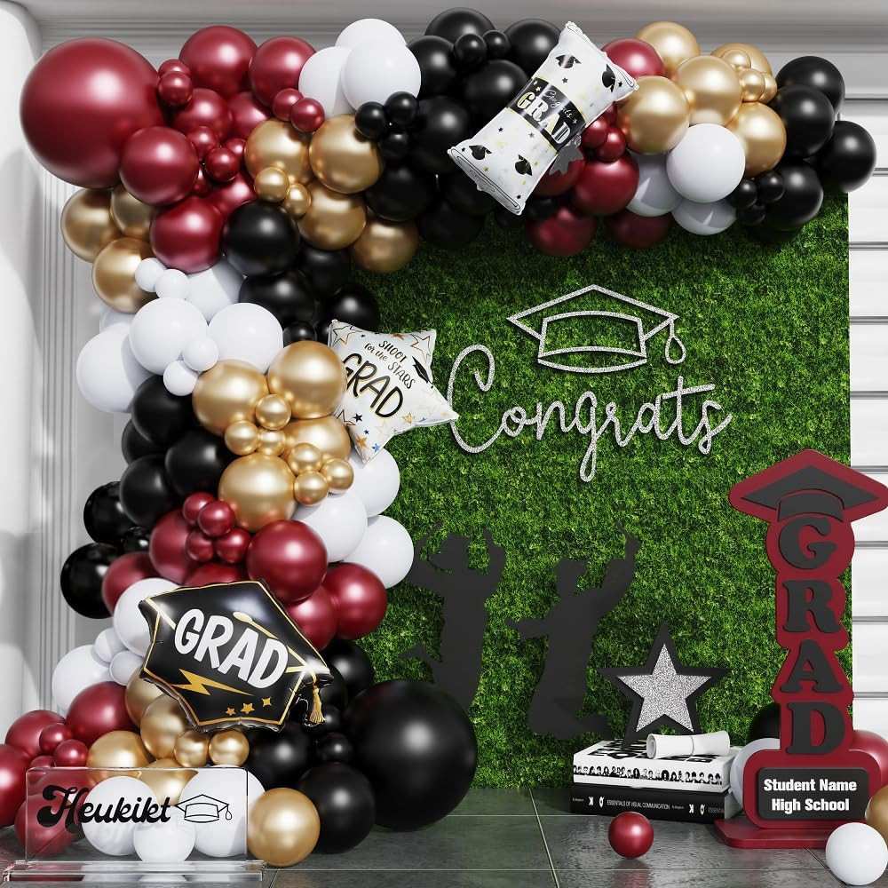 Burgundy Graduation Party Decorations, Maroon Gold Black Balloon Garland Arch fo gallery