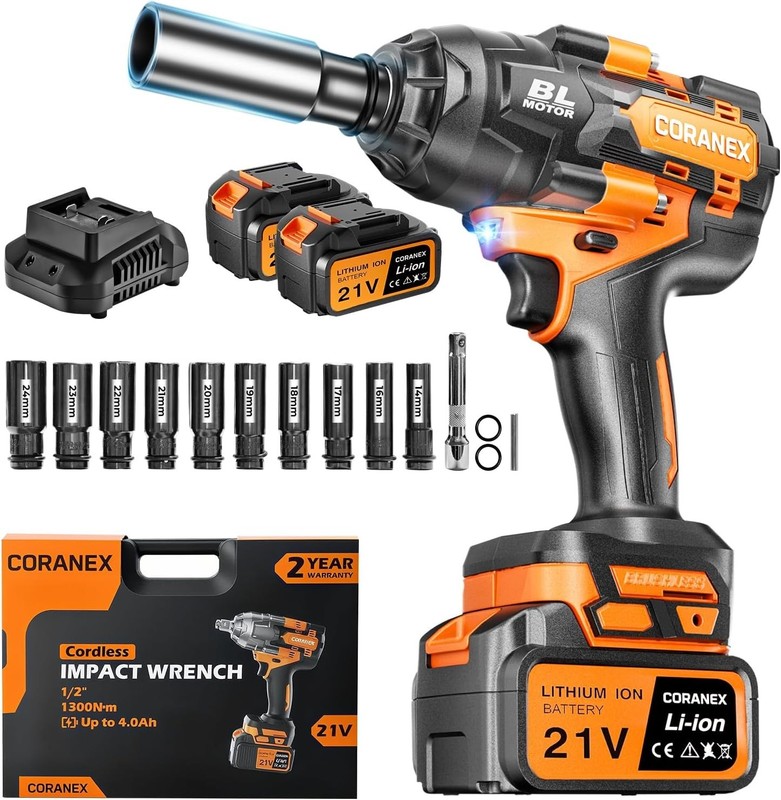 High Torque 1/2" Cordless Impact Wrench - 1300N.m, 2x4.0Ah Batteries Included gallery