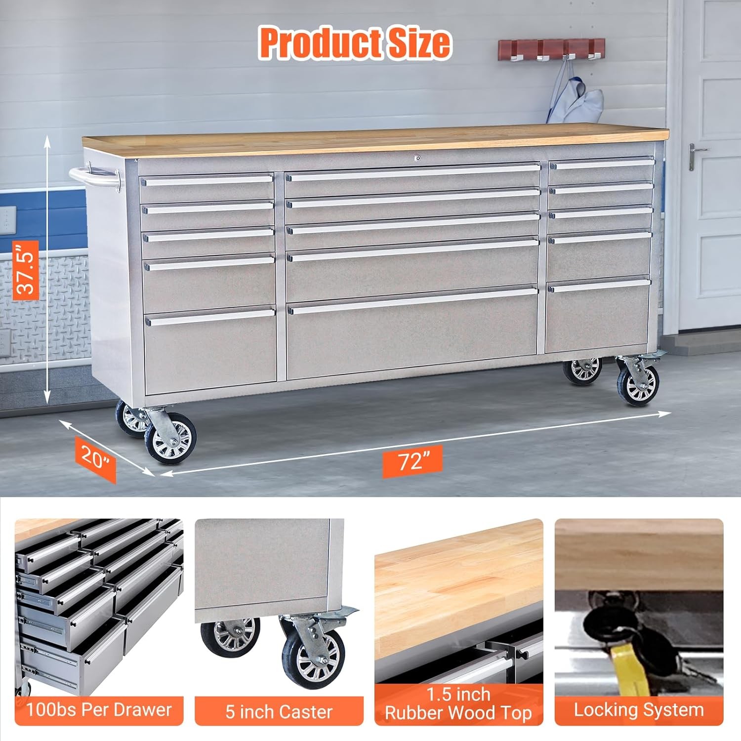 72" Rolling Tool Chest 15 Drawers with Lockable Wheels Lock Stainless Steel gallery