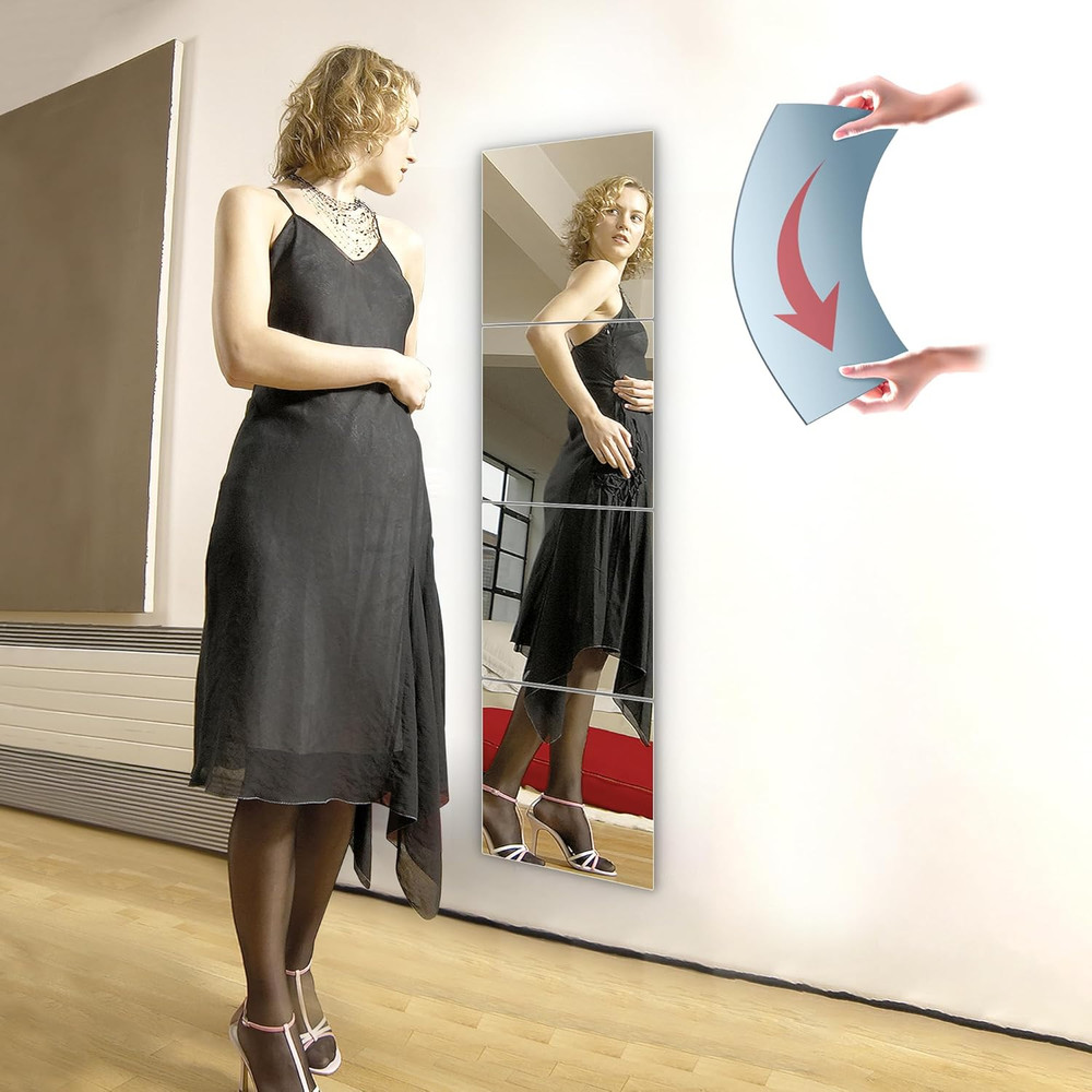 Unbreakable Wall Full Length Mirror Tiles, Long Mirrors for Wall, 4 PCS 10x10 In