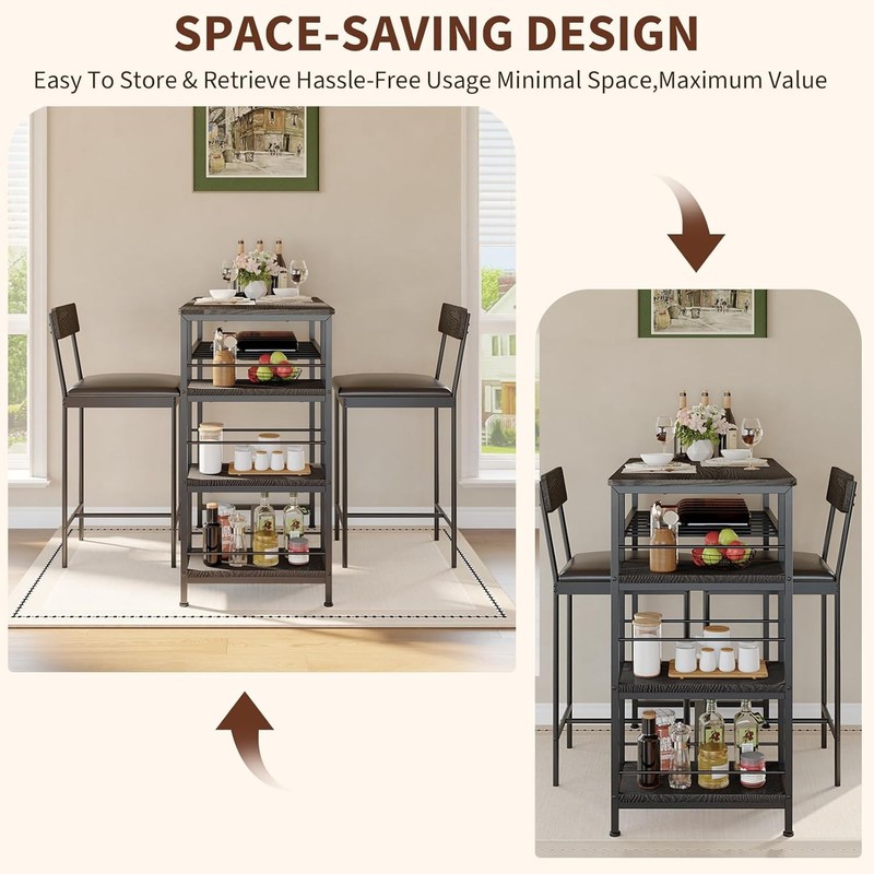3pcs Dining Table Set for 2 Kitchen Dining Room with 2 Bar Stool and Wine Rack gallery