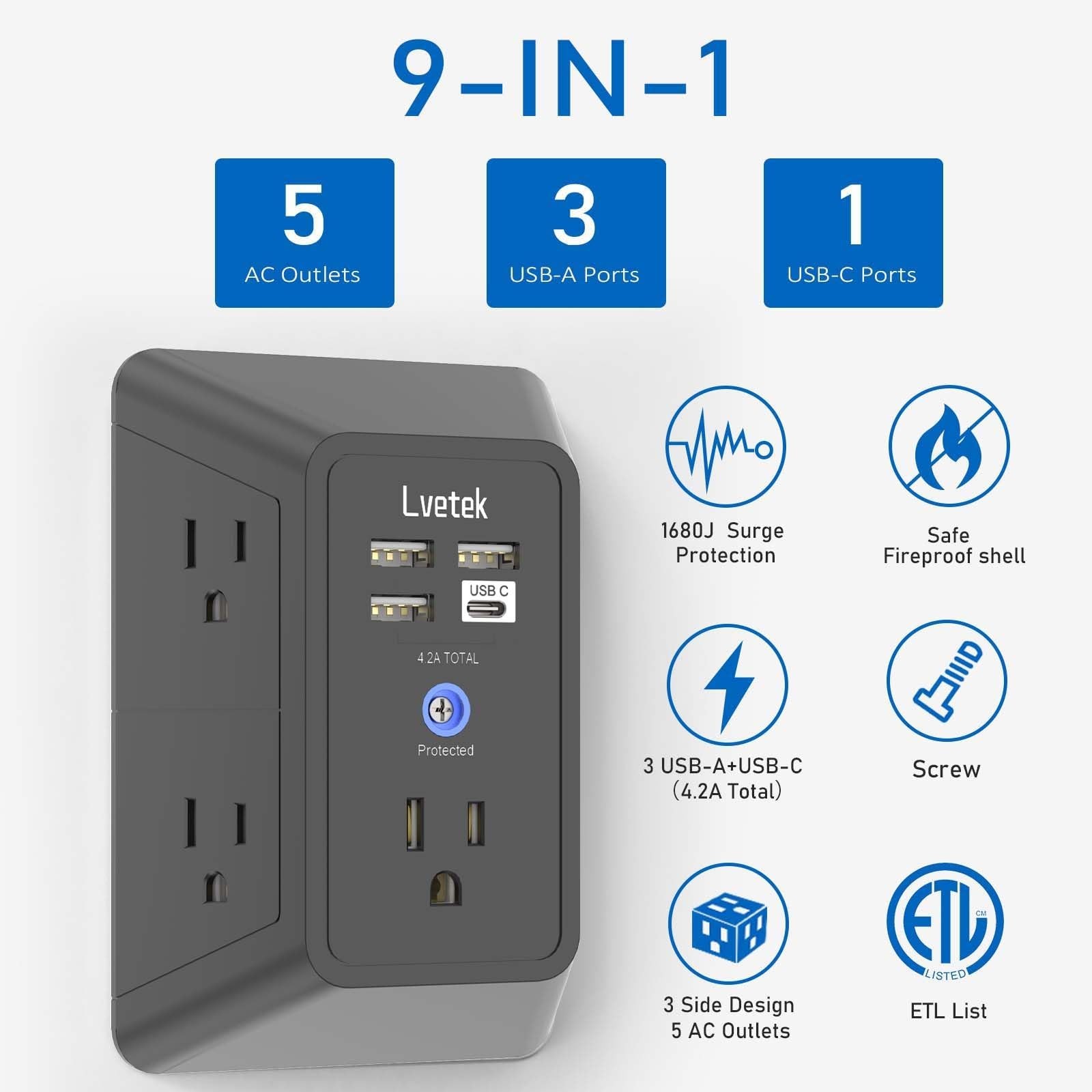 5-Outlet Surge Protector Power Strip with 4 USB Ports (1 USB-C) - 1680J, ETL Lis gallery