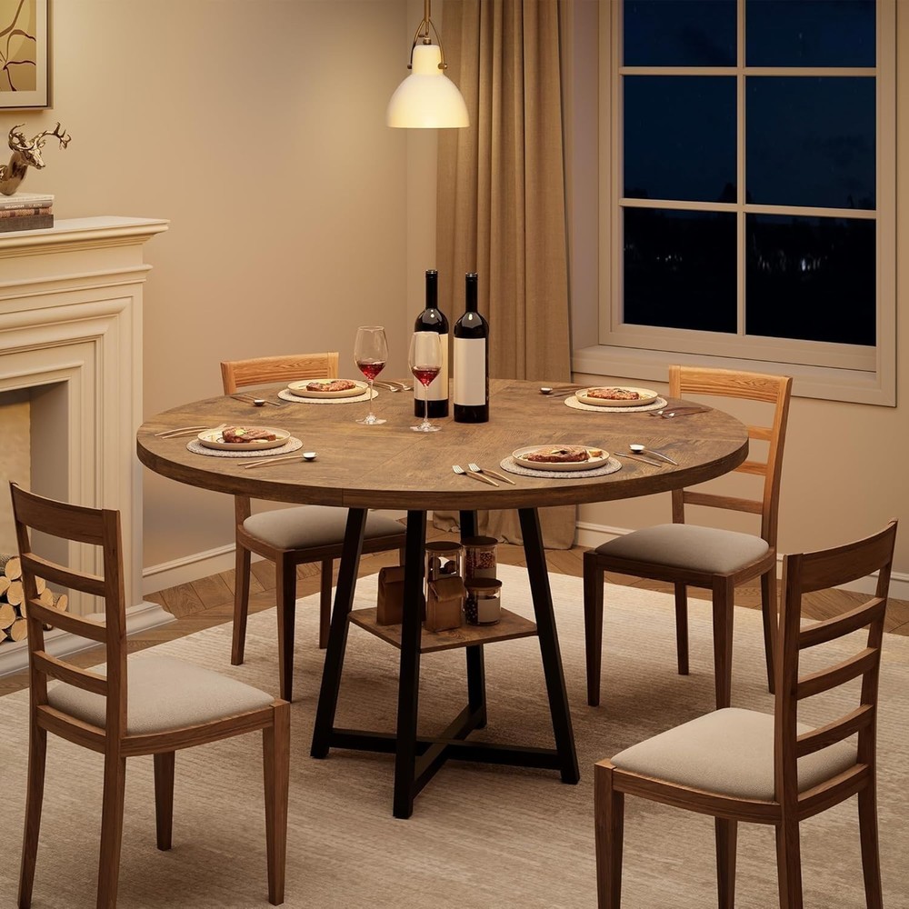 47 In Round Dining Table for 4-6, Space-Saving Industrial Furniture w/ Storage
