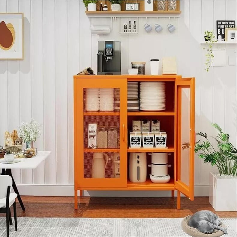 Cofar 40" H Orange Metal Storage Cabinet with 2-Mesh Doors, 2 Shelves for Office gallery