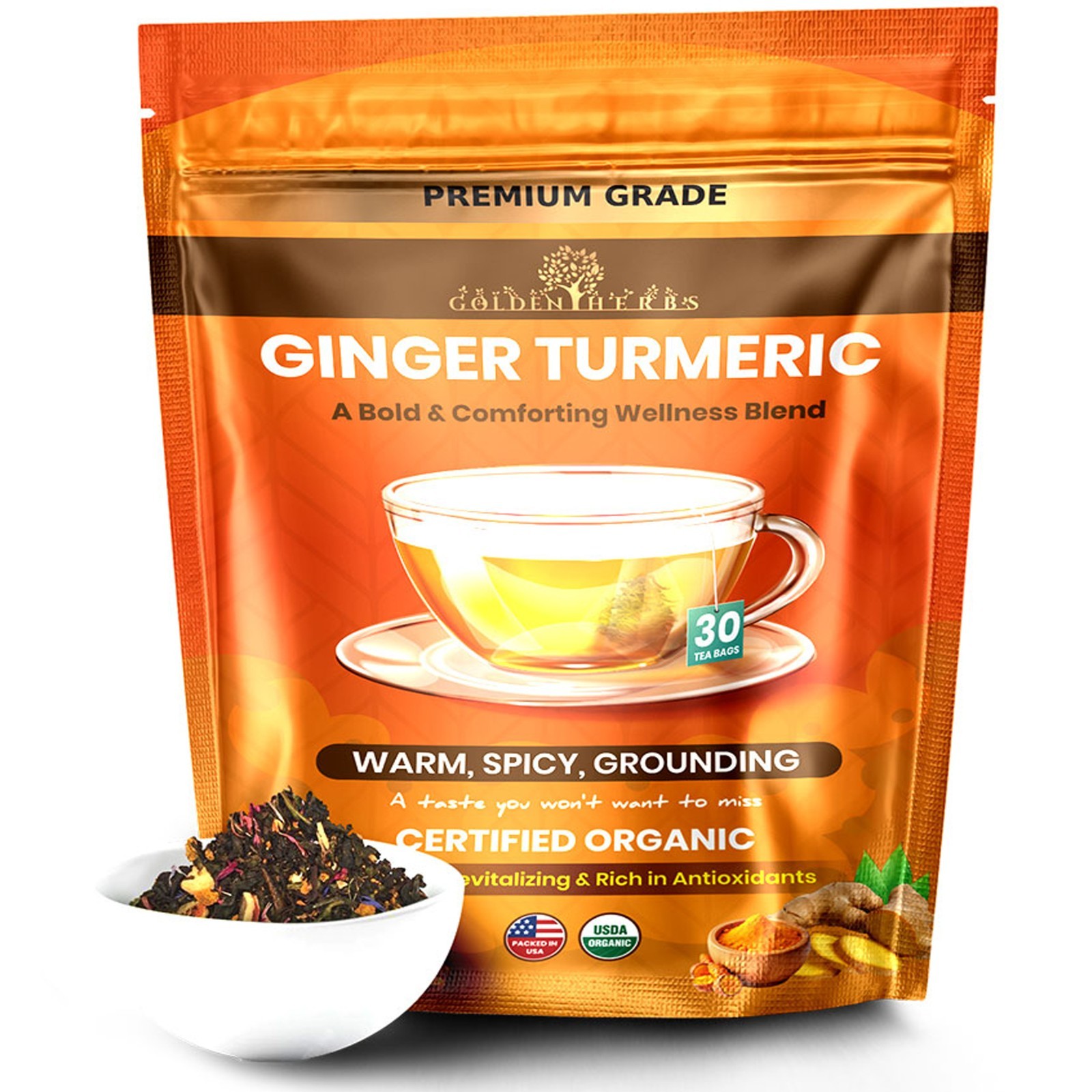 Golden Herbs Turmeric + Ginger Tea Bags, 30 Count Caffeine-Free Herbal Blend gallery